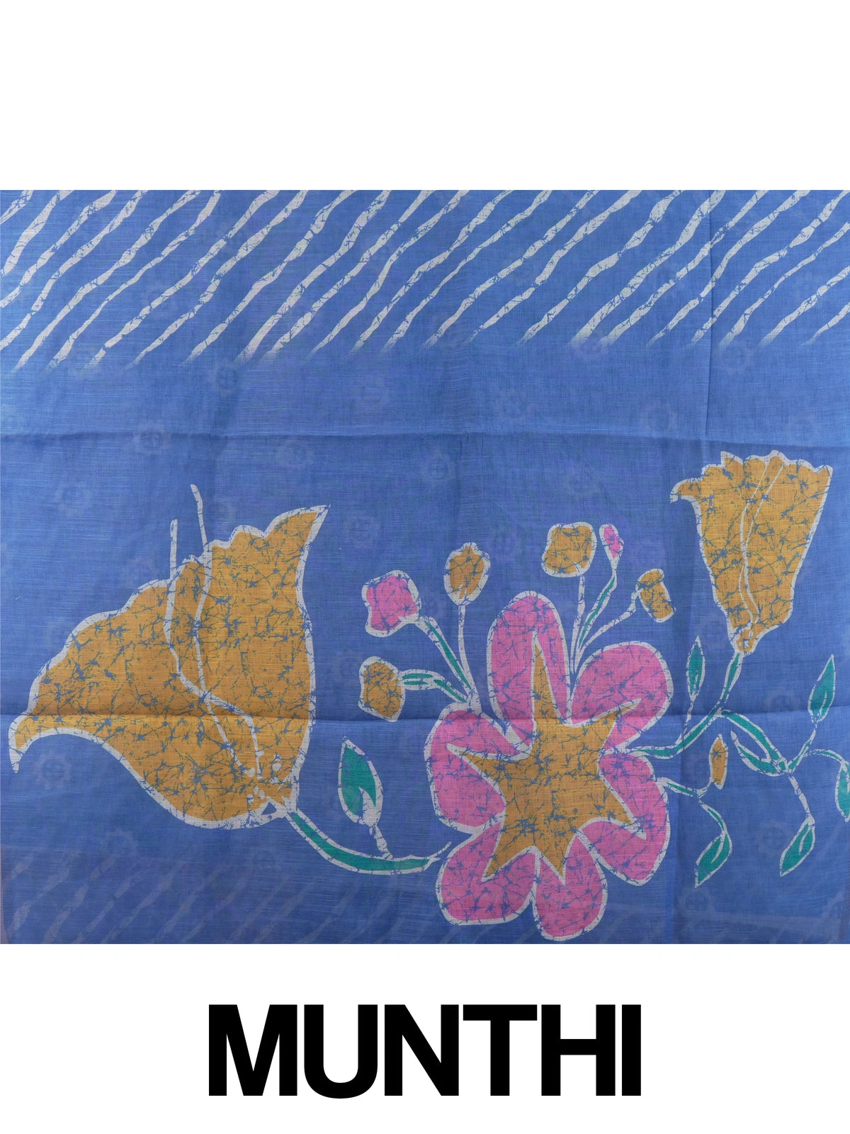 Blue and white leheriya batik linen cotton saree with golden zari border and floral pallu