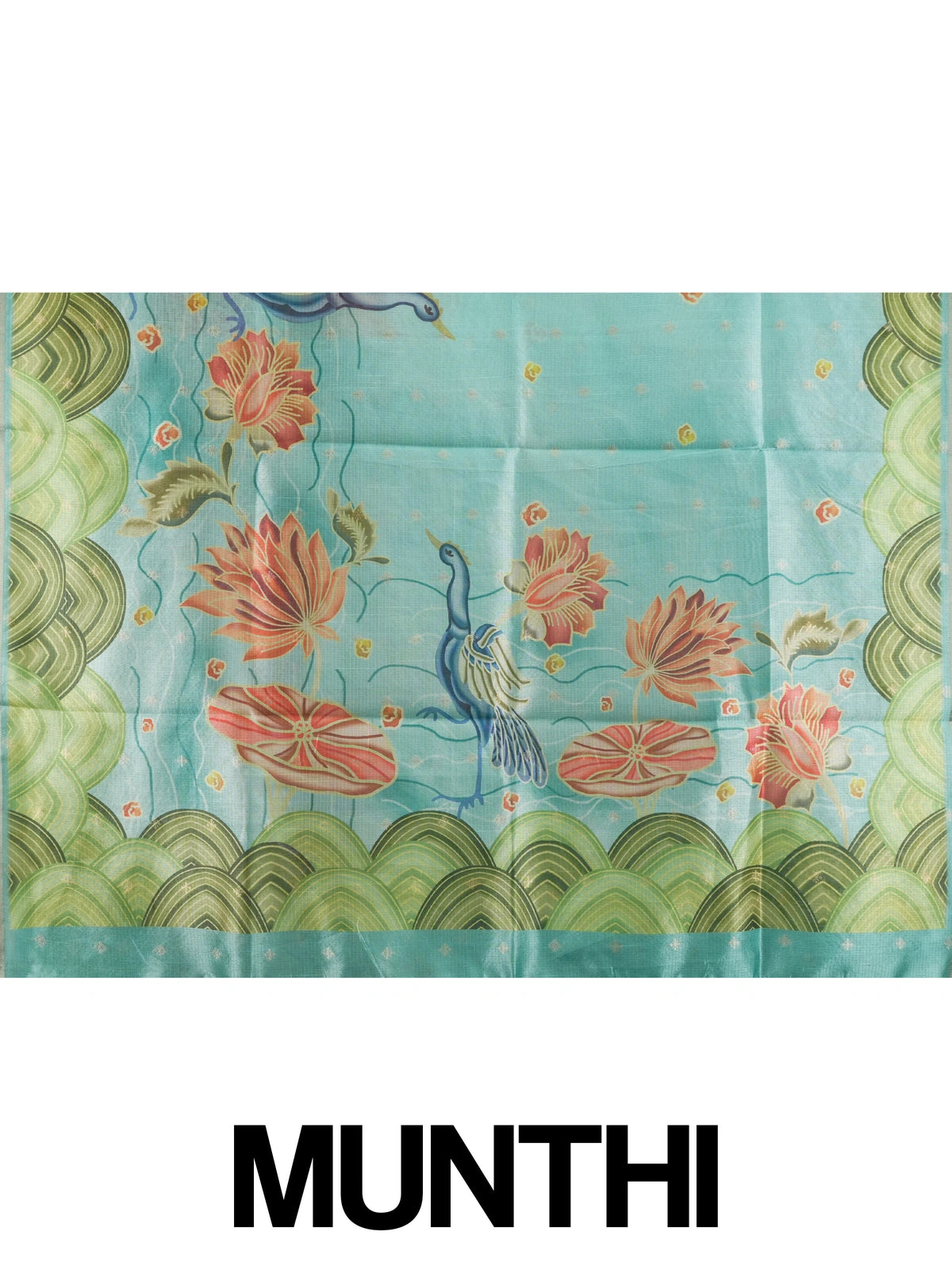 Turquoise semi tussar saree with green scalloped border and Kalamkari-style lotus and crane printed pallu