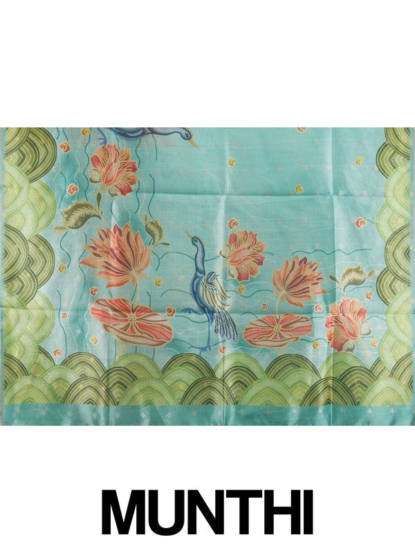 Turquoise semi tussar saree with green scalloped border and Kalamkari-style lotus and crane printed pallu