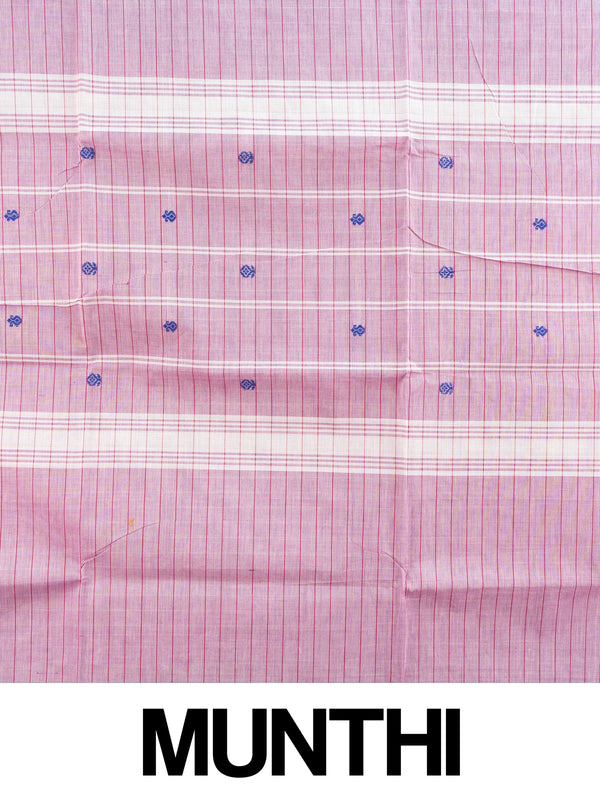 Lilac pink Chettinad cotton saree with red gold zari temple border and blue buttas
