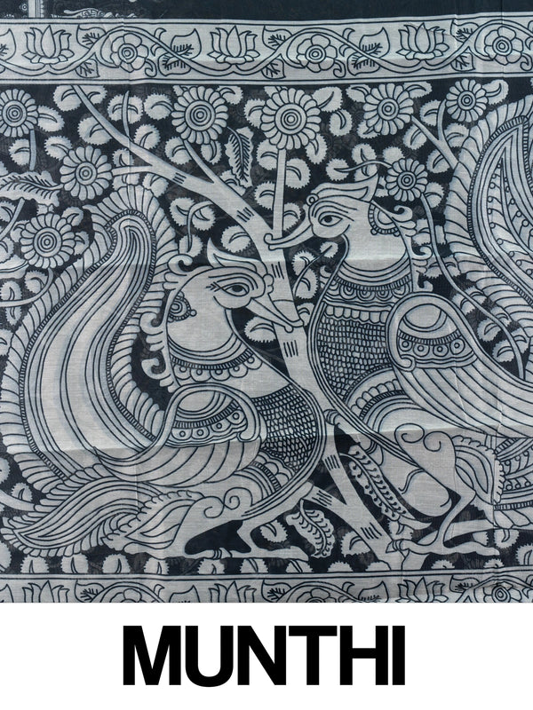 Black linen cotton saree with white Kalamkari-style peacock and floral printed pallu and a slim zari border