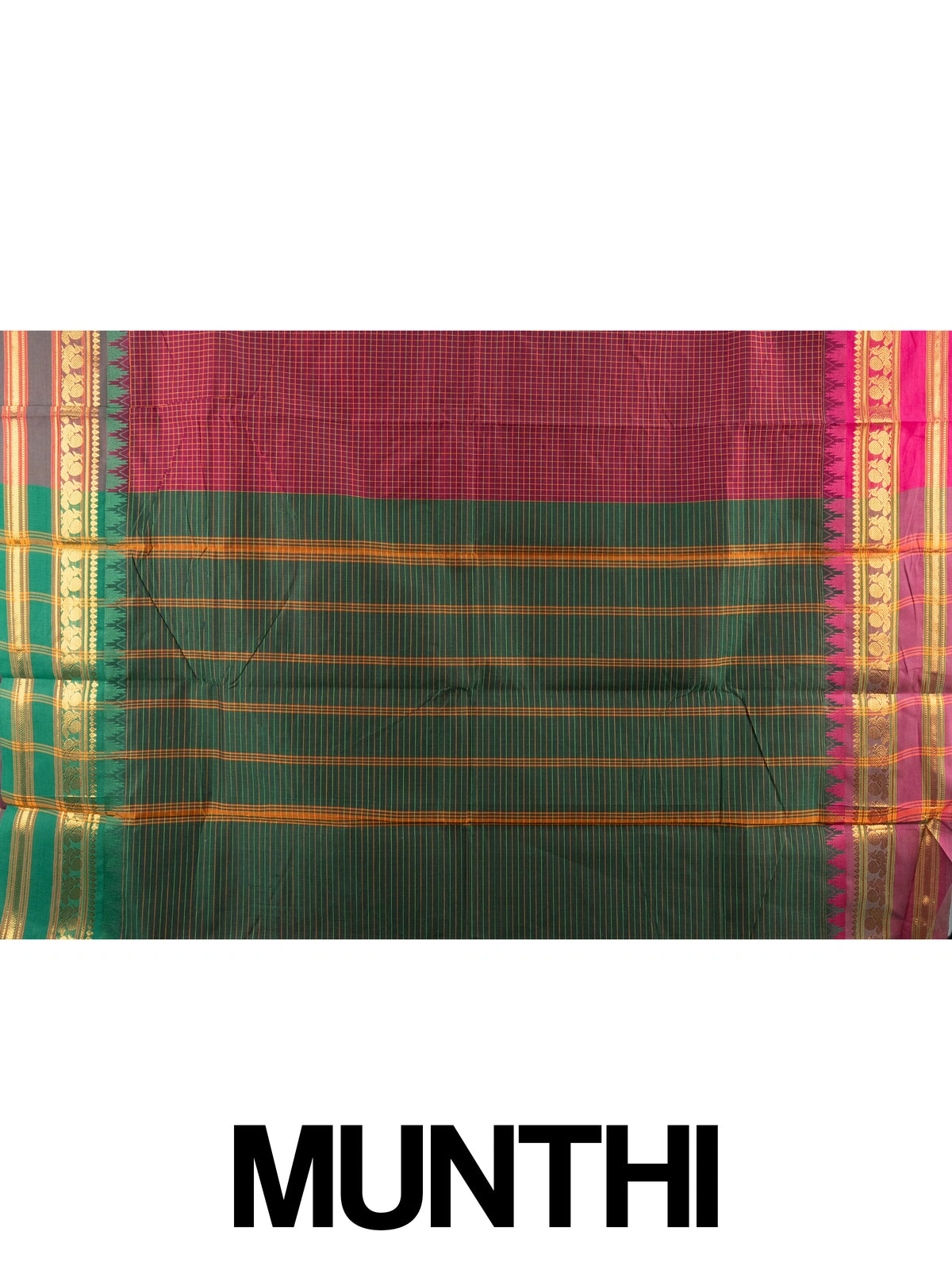 Magenta checked Chettinad cotton saree with pink gold-zari border and green striped pallu