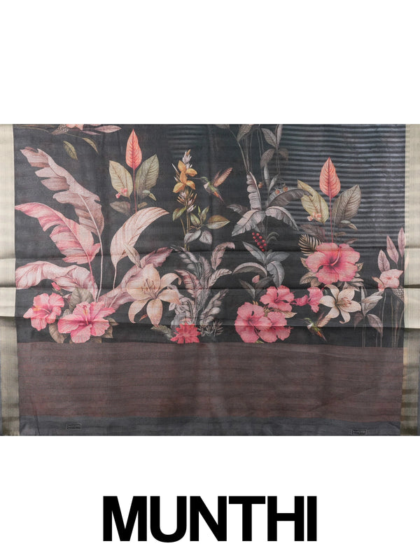 Black semi tussar saree with diagonal stripes, gold zari border and tropical floral hummingbird print pallu