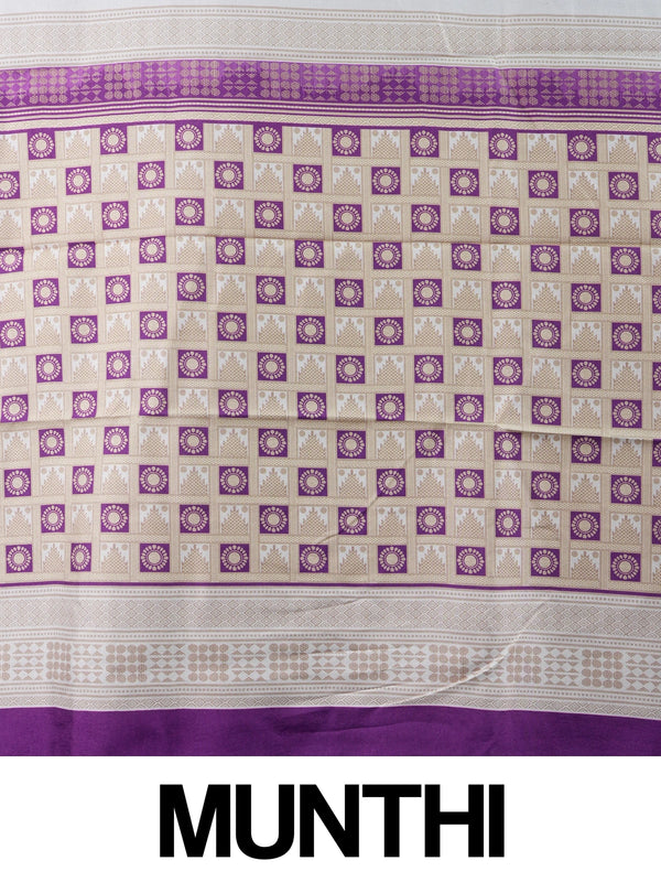 Cream Dola silk saree with purple floral buttas, gold zari contrast border and patterned purple pallu