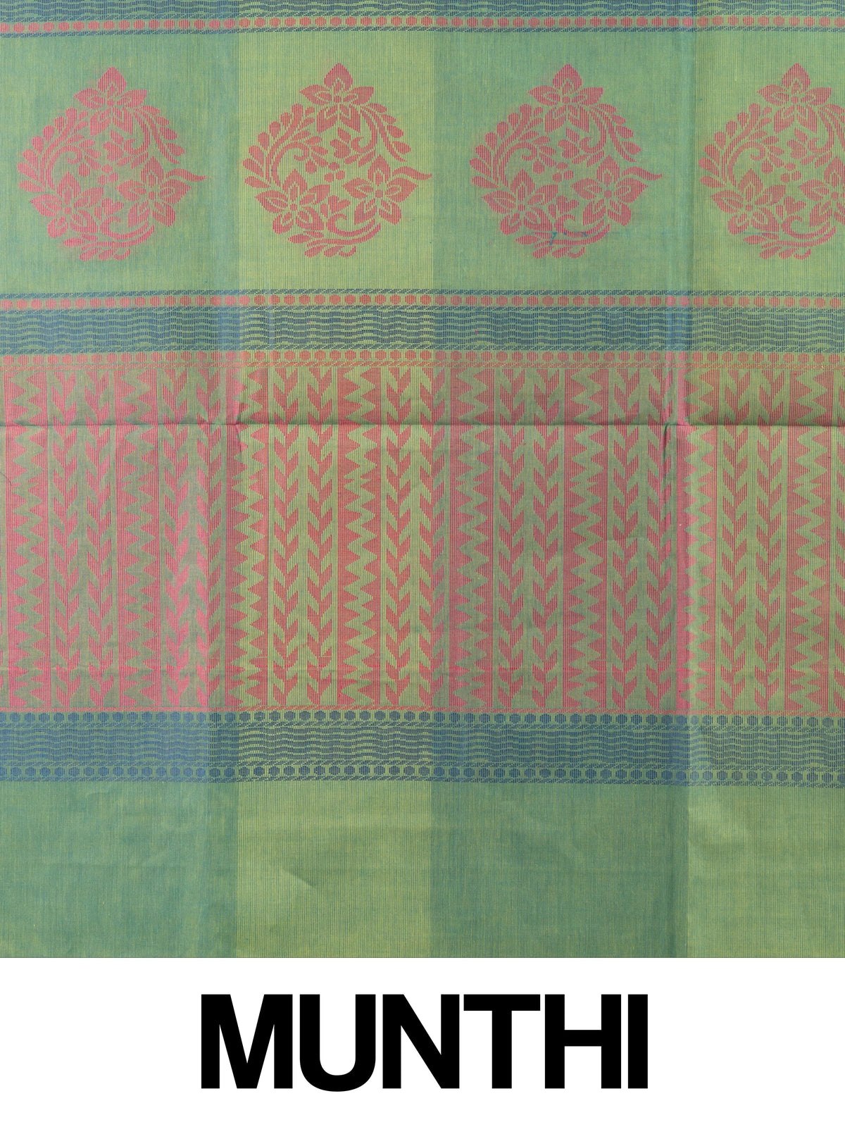 Green silk cotton saree with contrast pink border and pink and blue floral butta motifs