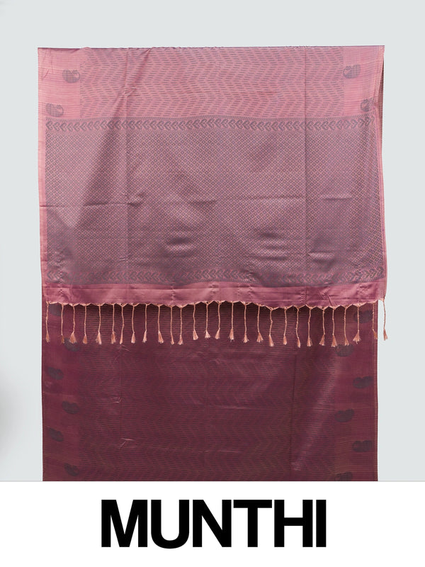 Dusty mauve pink semi silk saree with dark paisley buttas and contrast maroon lattice border