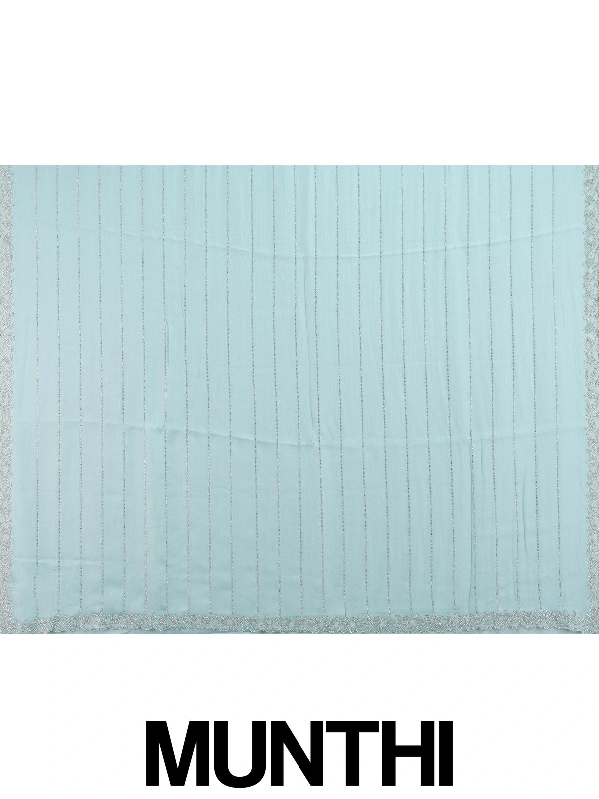 Sky blue designer georgette saree with silver sequin stripes and contrast yellow embroidered blouse