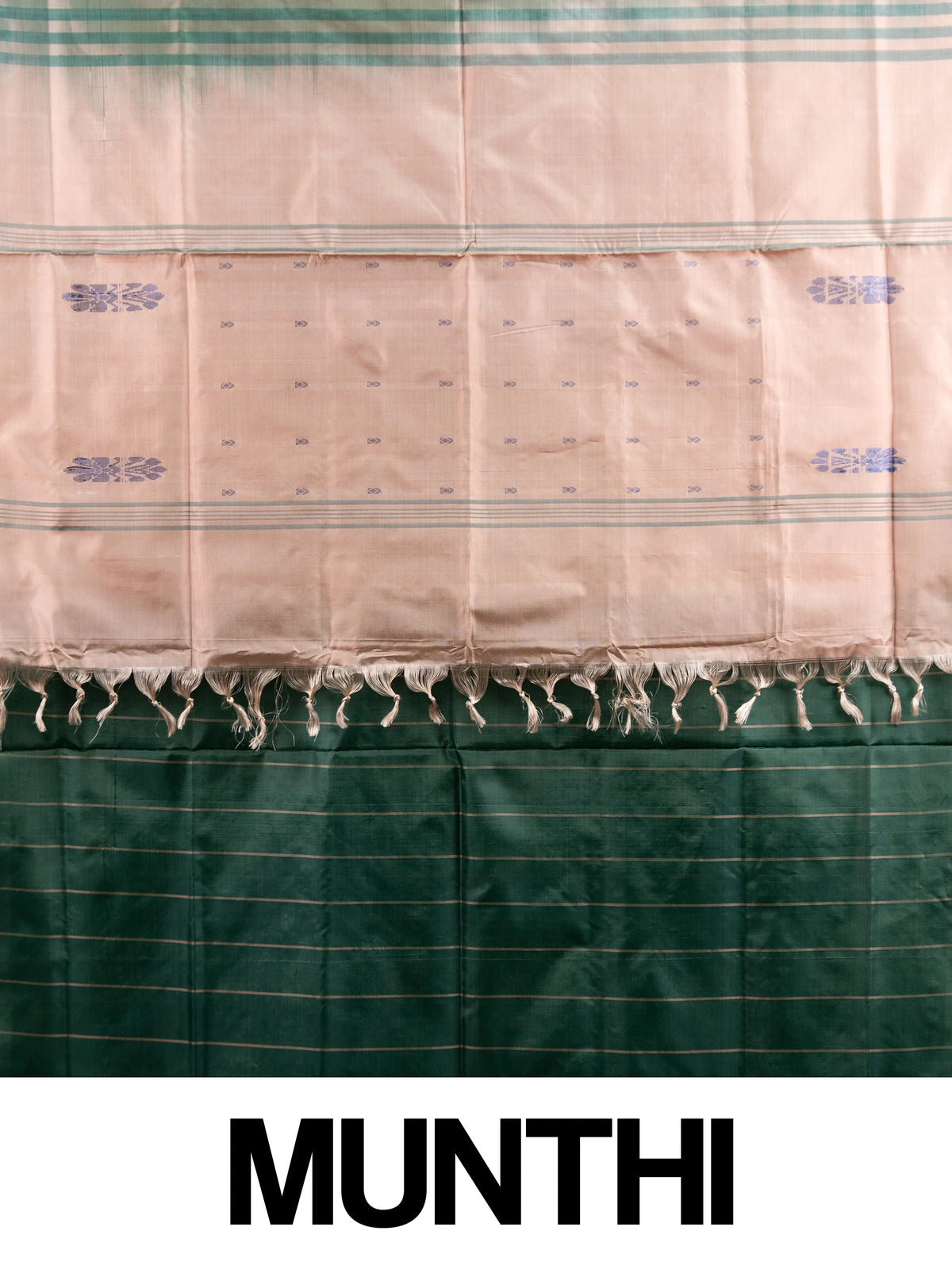 Dark green banana silk saree with gold zari stripes and contrast peach pallu with blue floral motifs