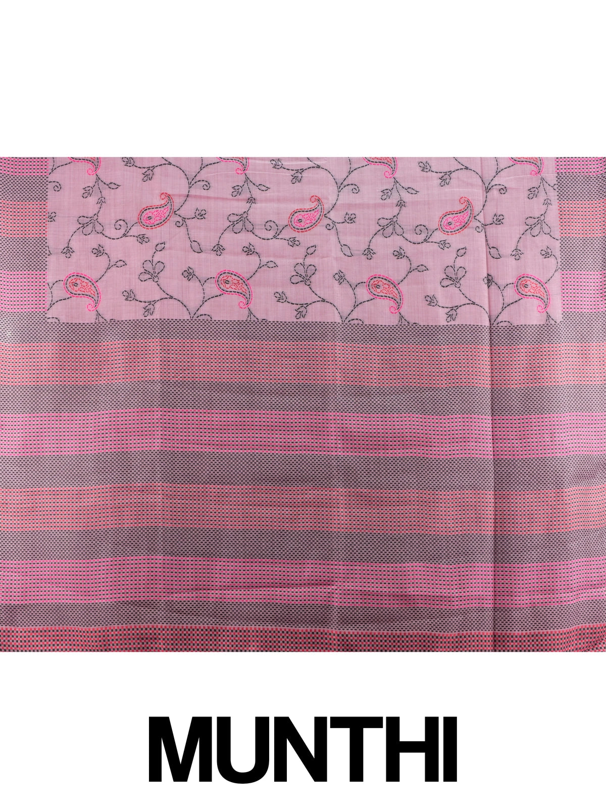 Pink linen cotton saree with kantha-style paisley embroidery and striped grey border