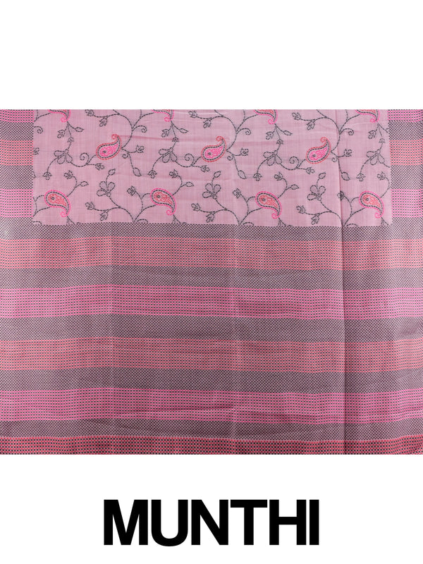 Pink linen cotton saree with kantha-style paisley embroidery and striped grey border