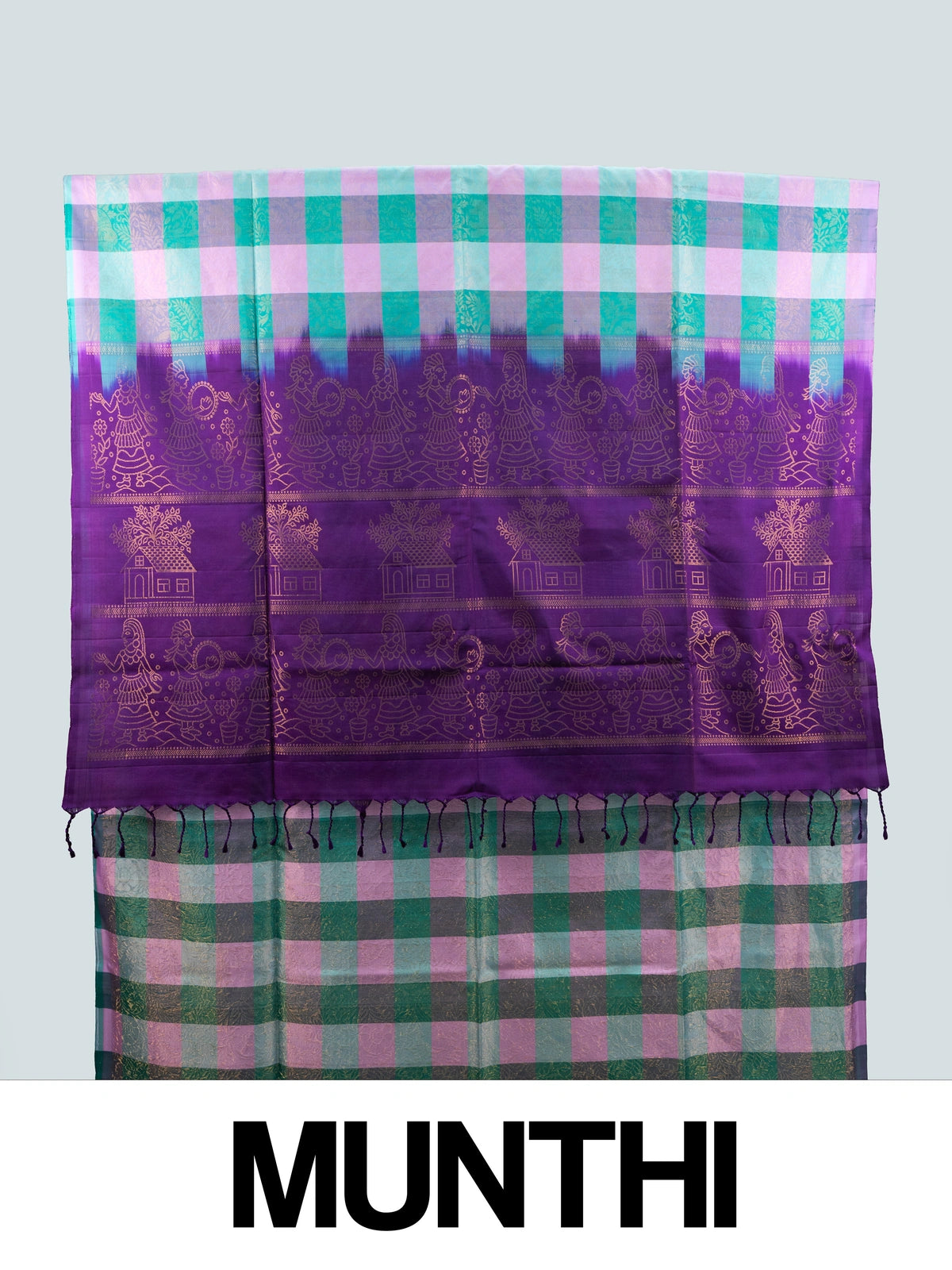 Green, pink and purple checked soft silk saree with gold zari folk-motif purple pallu