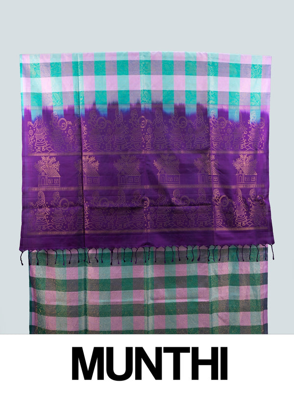 Green, pink and purple checked soft silk saree with gold zari folk-motif purple pallu