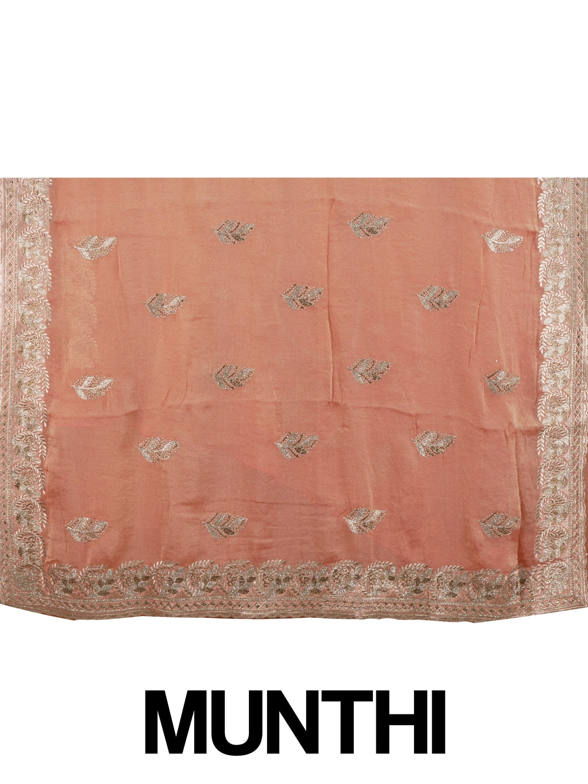 Peach shimmer tissue designer saree with embroidered leaf buttas and an ornate rose-gold border