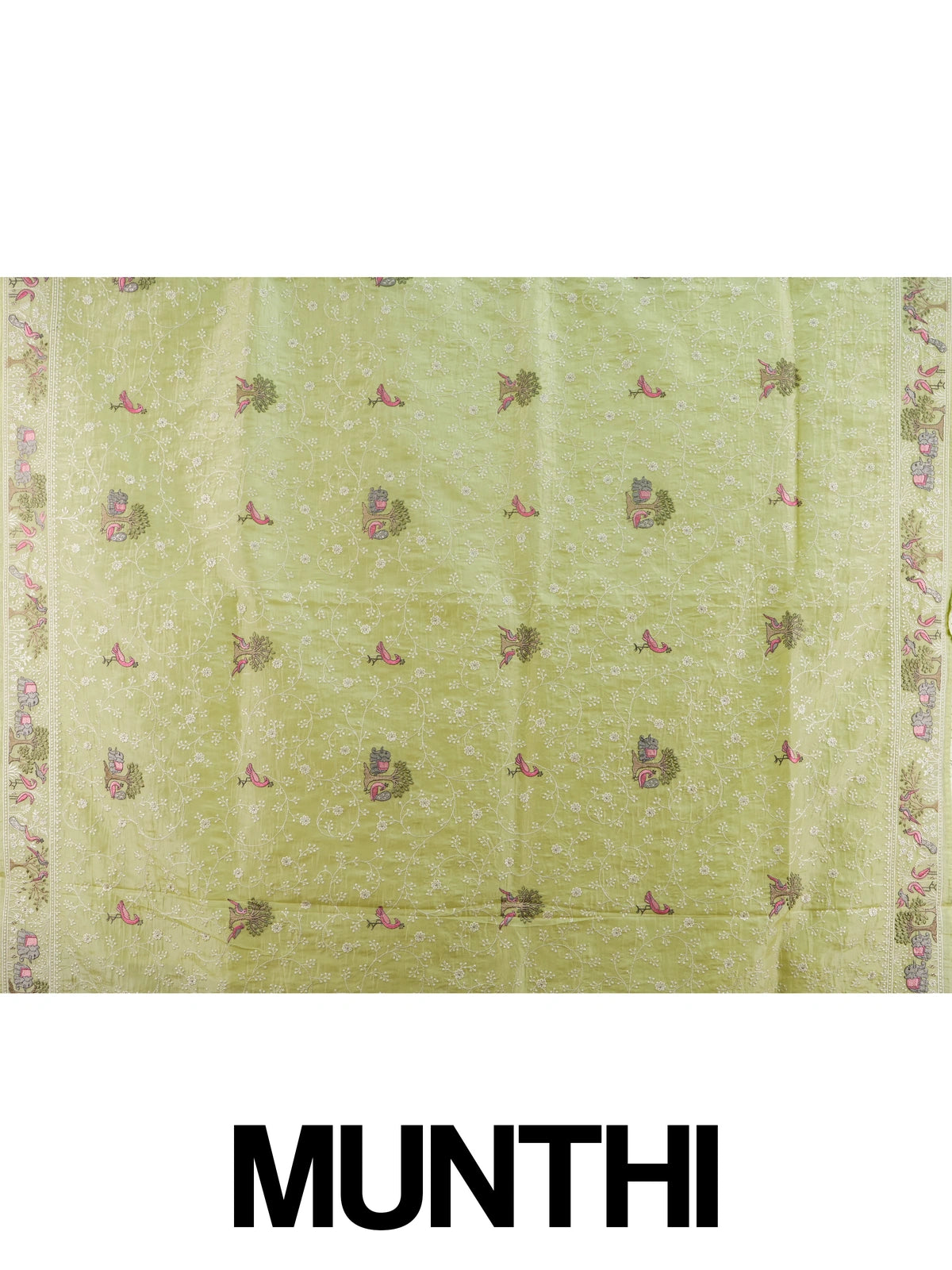 Lime green designer saree with white floral jaal, pink bird, tree and elephant embroidery and matching blouse