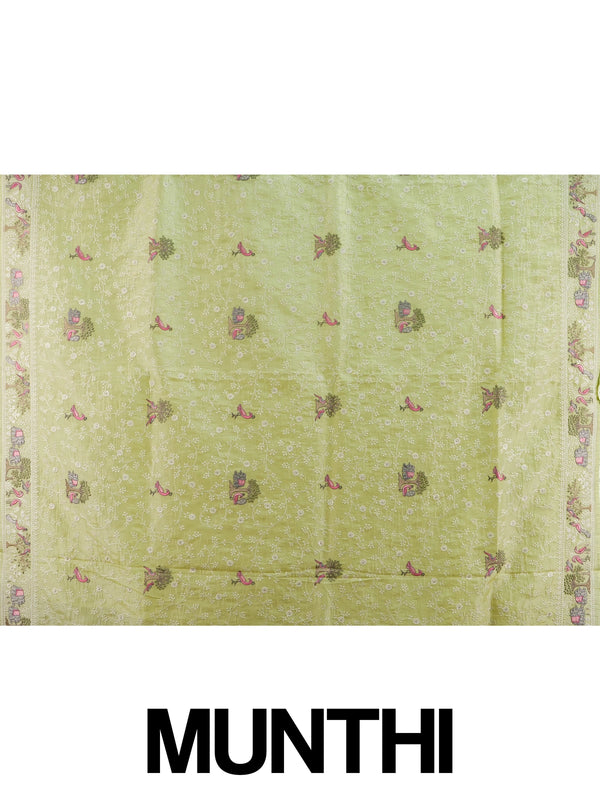 Lime green designer saree with white floral jaal, pink bird, tree and elephant embroidery and matching blouse