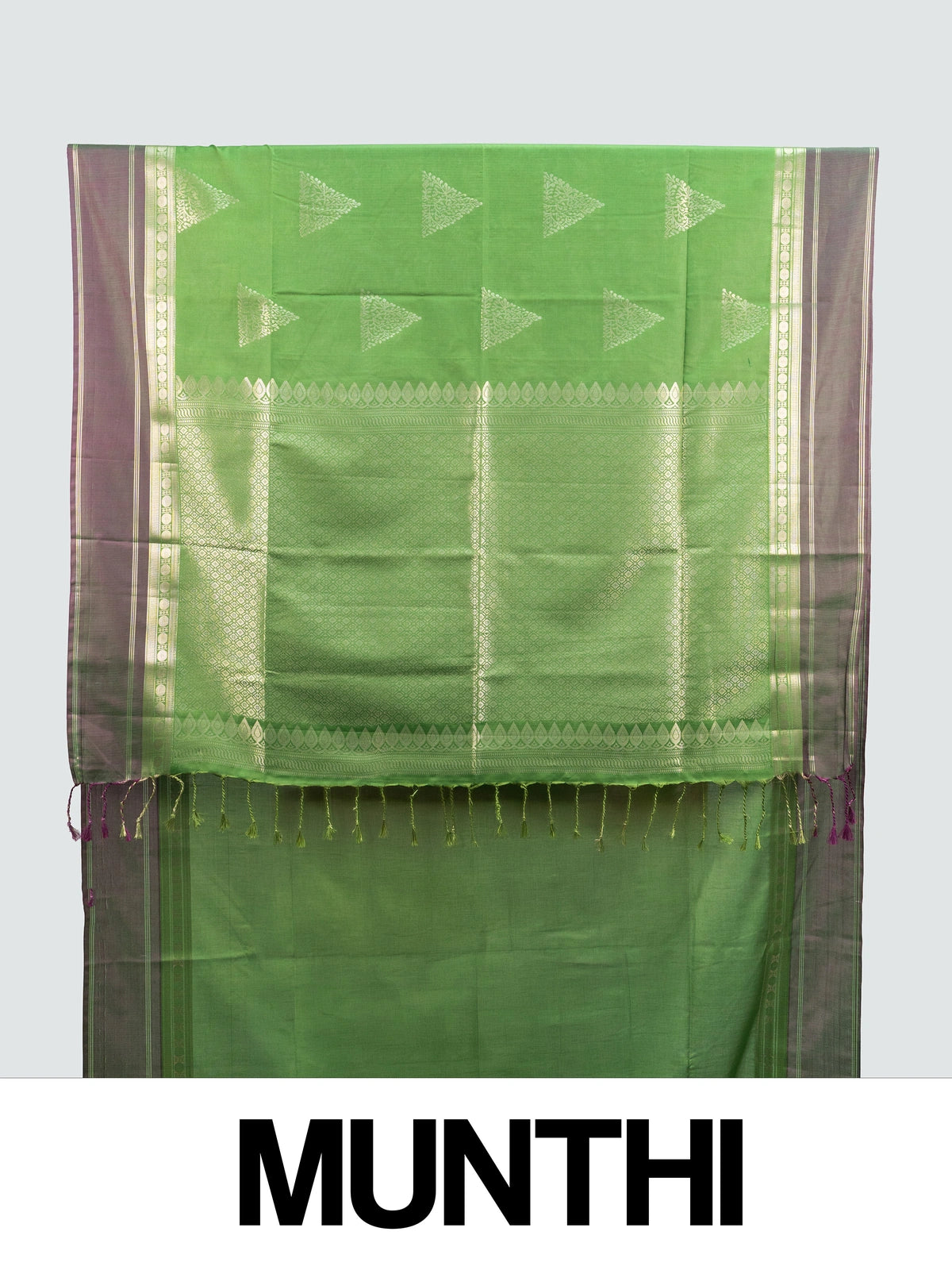 Green Kanchipuram fancy silk saree with contrast mauve zari border and triangular temple zari buttas