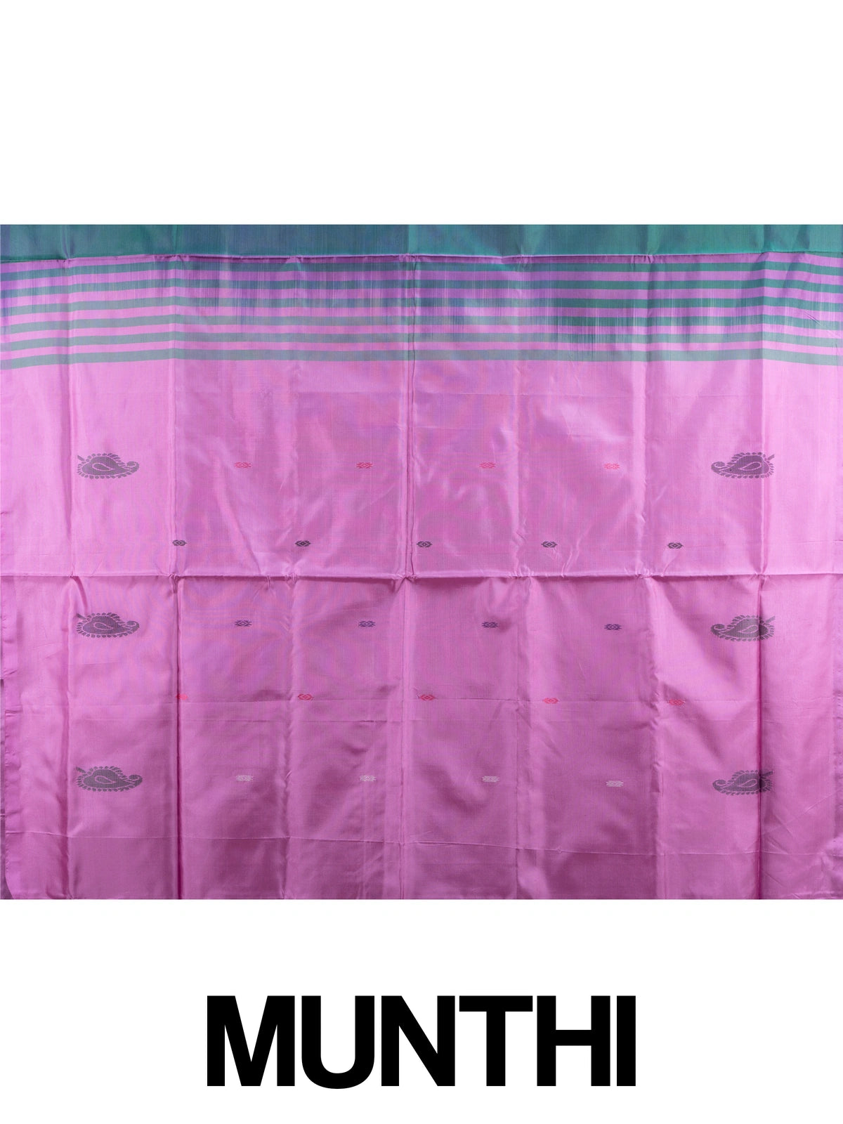 Teal green and pink banana silk saree with paisley butas and striped contrast pallu