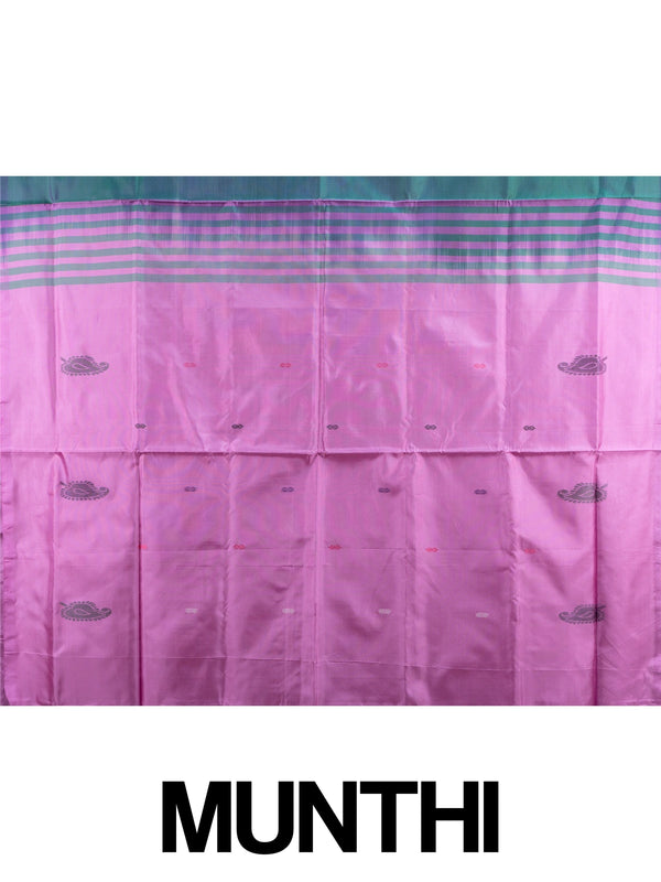 Teal green and pink banana silk saree with paisley butas and striped contrast pallu