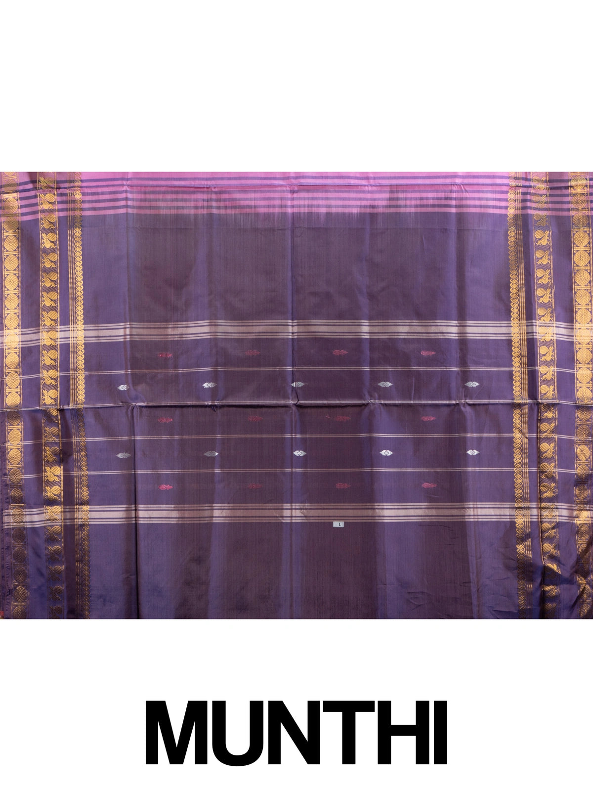 Pink banana silk saree with contrast purple gold zari border and buttis