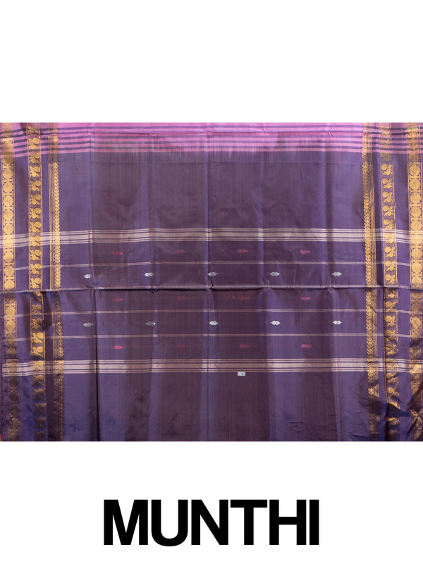 Pink banana silk saree with contrast purple gold zari border and buttis