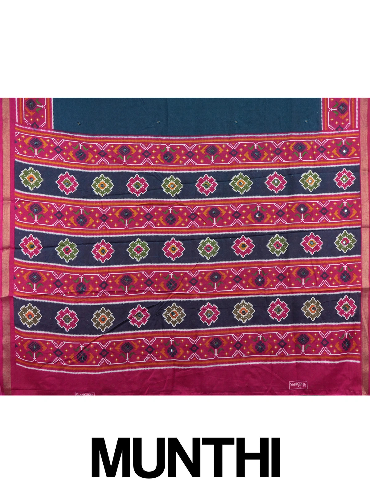 Navy blue linen cotton saree with contrast magenta Patola-style ikat border and pallu