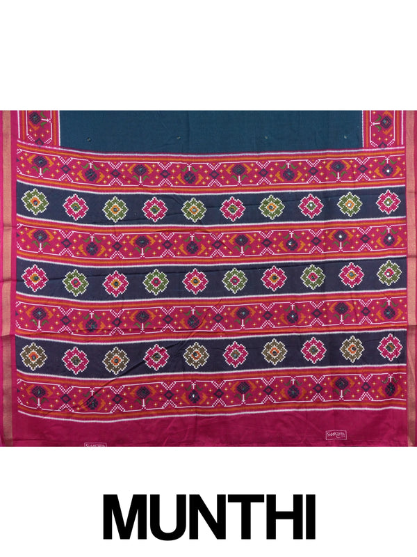 Navy blue linen cotton saree with contrast magenta Patola-style ikat border and pallu