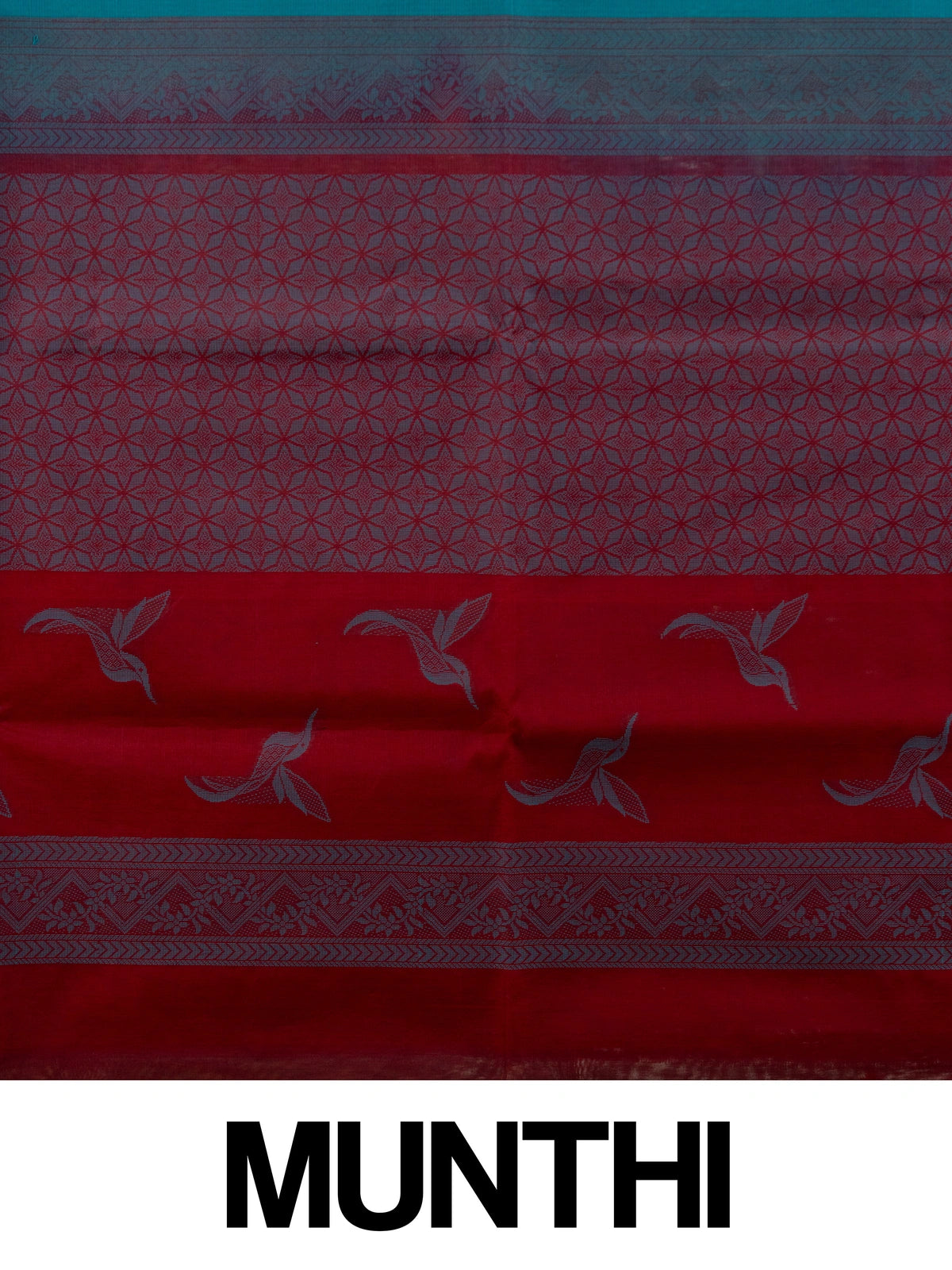 Teal blue pure silk cotton saree with woven bird motifs and contrast red pallu and border