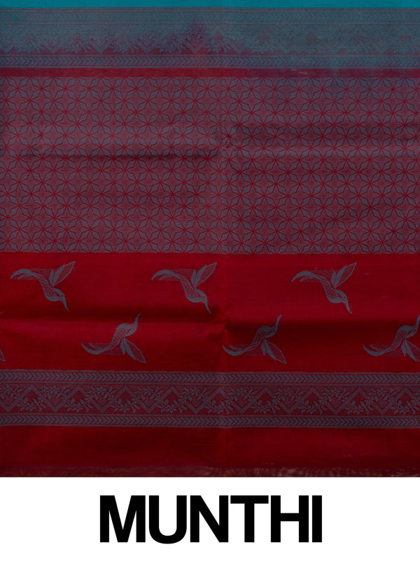 Teal blue pure silk cotton saree with woven bird motifs and contrast red pallu and border