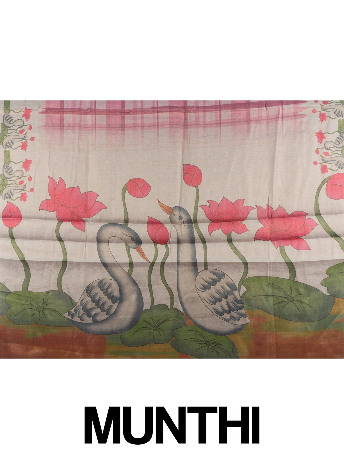 Pink and cream linen cotton saree with checked body and swan and lotus Pichwai printed pallu