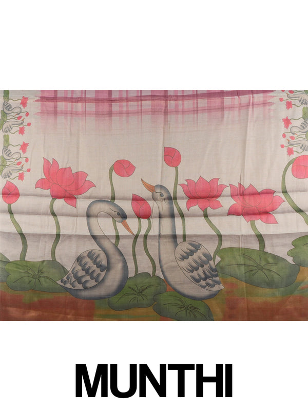 Pink and cream linen cotton saree with checked body and swan and lotus Pichwai printed pallu