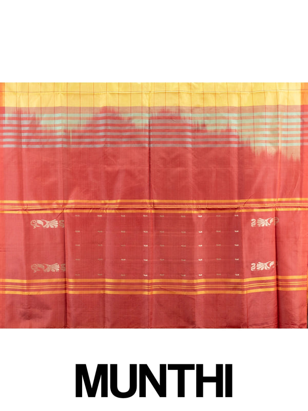 Yellow checked banana silk saree with contrast red zari pallu and coral blouse