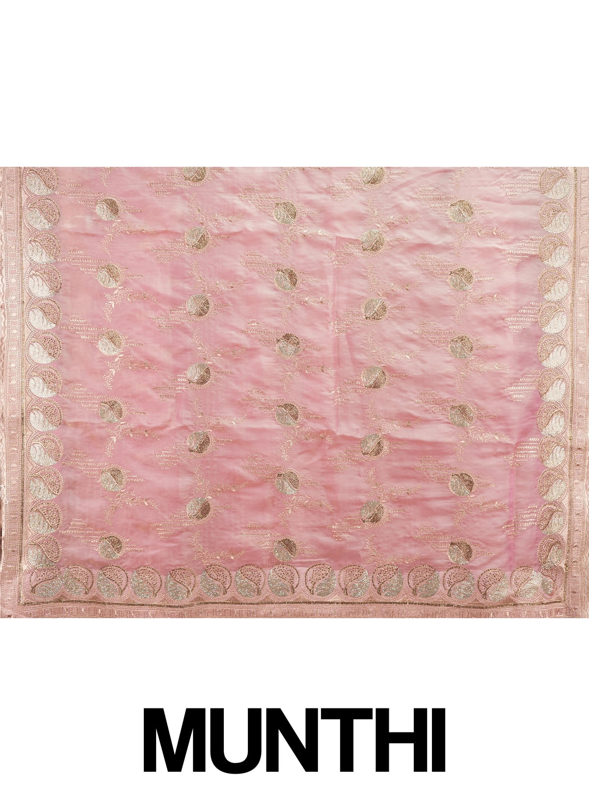 Blush pink organza designer saree with gold zari and sequin embroidered floral and paisley motifs and scalloped border