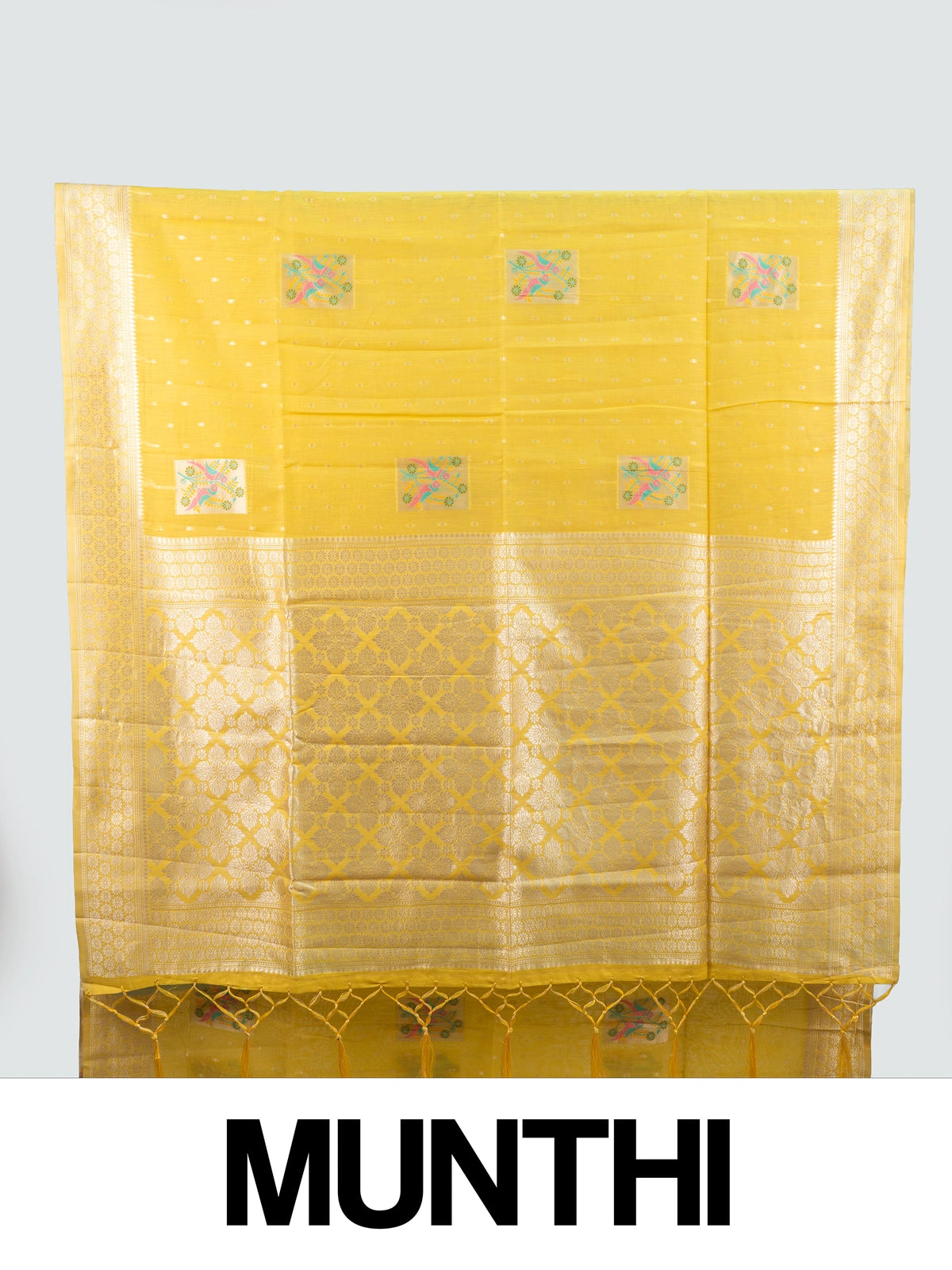 Bright yellow linen cotton saree with silver butis, multicolour bird motifs and gold zari border