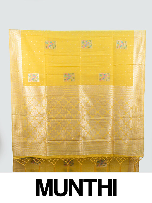 Bright yellow linen cotton saree with silver butis, multicolour bird motifs and gold zari border