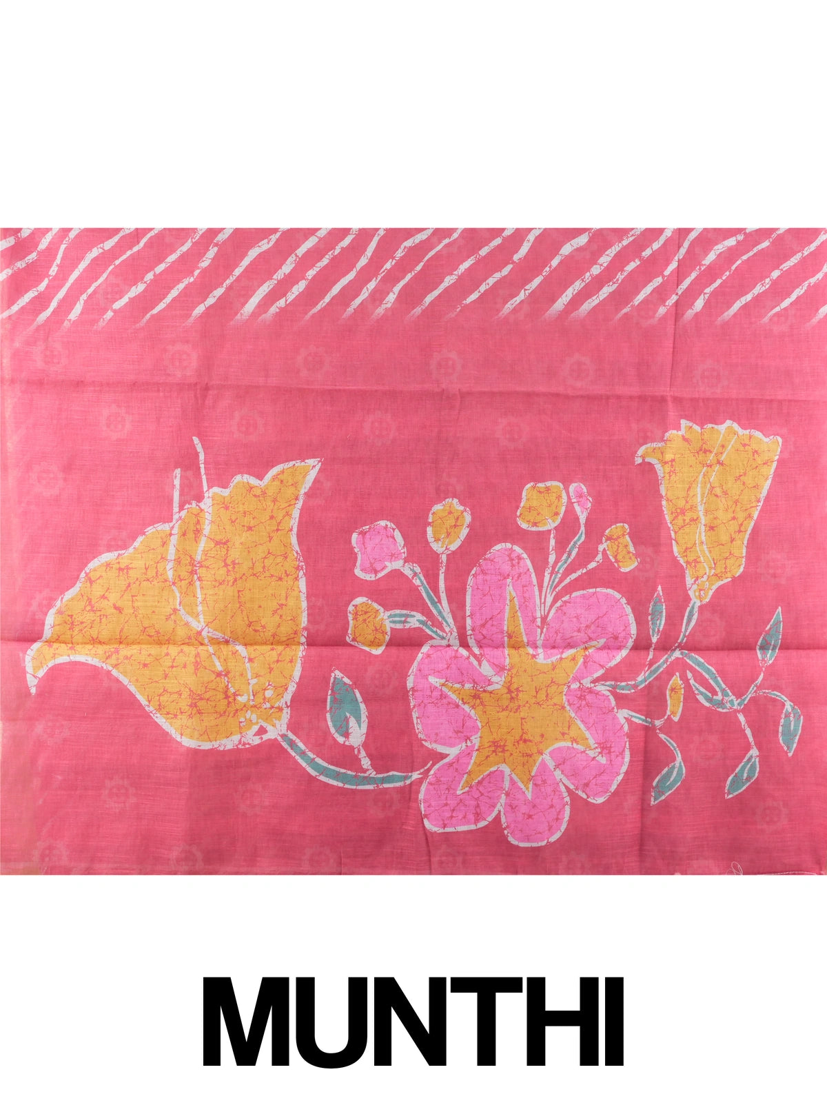 Pink and white leheriya linen cotton saree with batik floral pallu and gold zari border