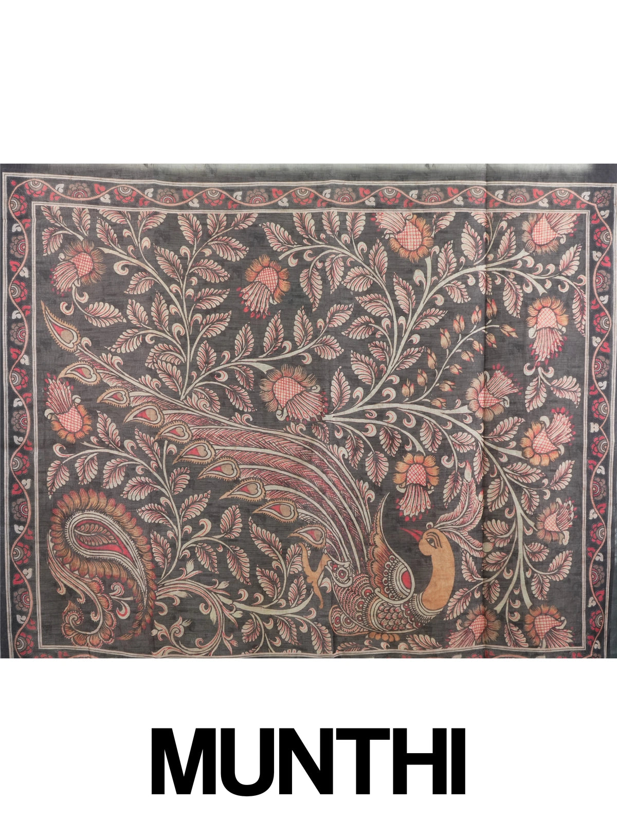 Cream and charcoal grey linen cotton saree with batik-style body print and Kalamkari peacock pallu