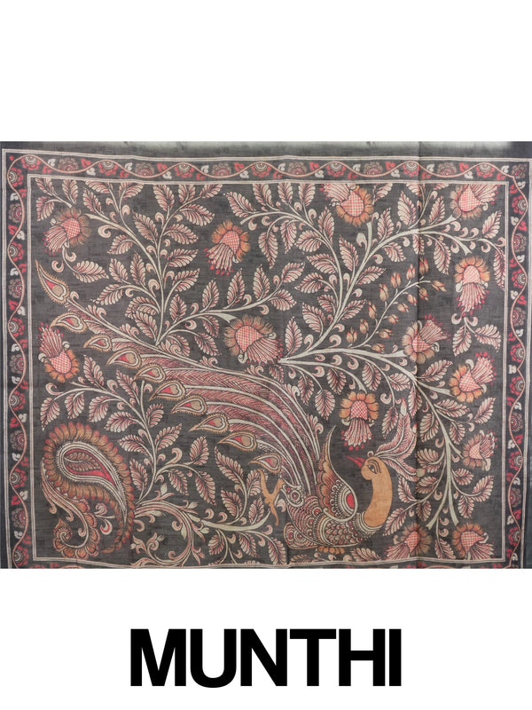 Cream and charcoal grey linen cotton saree with batik-style body print and Kalamkari peacock pallu