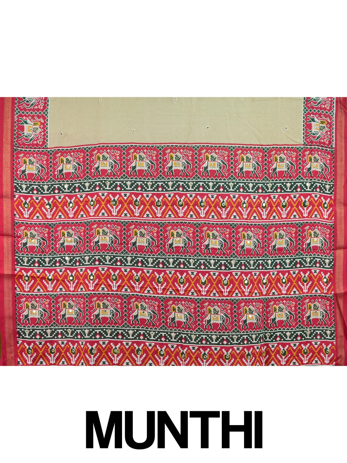 Beige linen cotton saree with red patola-print elephant motif border and pallu