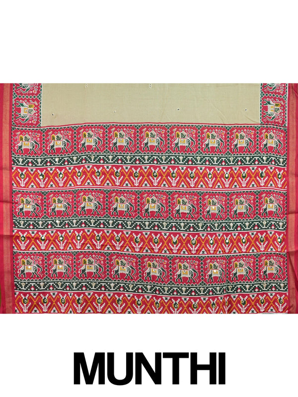 Beige linen cotton saree with red patola-print elephant motif border and pallu