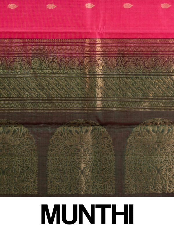 Pink pure silk cotton saree with gold zari buttas and contrast green zari border and pallu