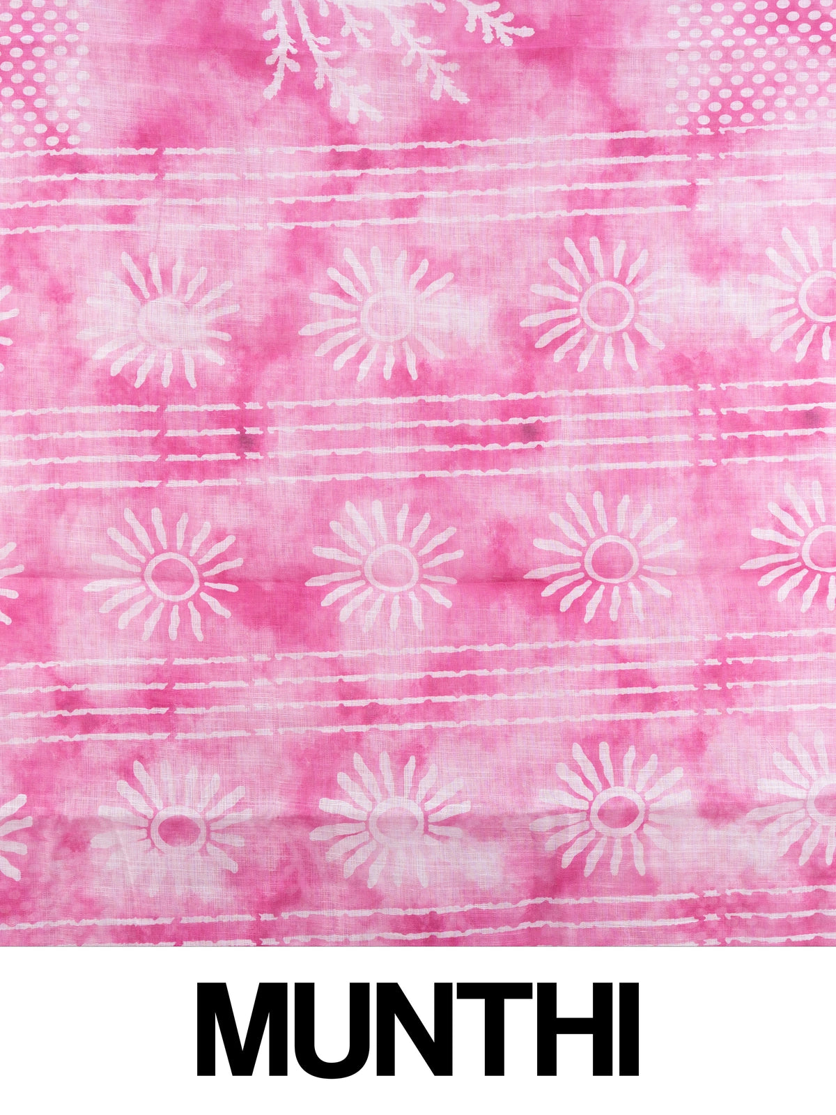 Pink and white linen cotton saree with shibori dot pattern, floral pallu and gold zari border