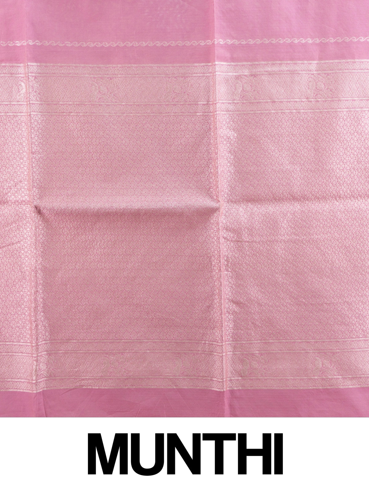 Pink silk cotton saree with silver zari buti motifs and ornate zari border