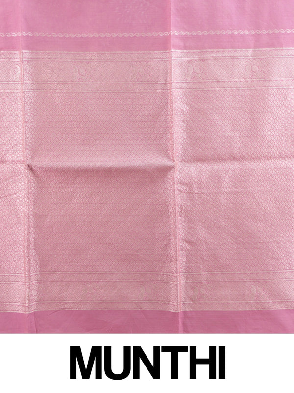 Pink silk cotton saree with silver zari buti motifs and ornate zari border
