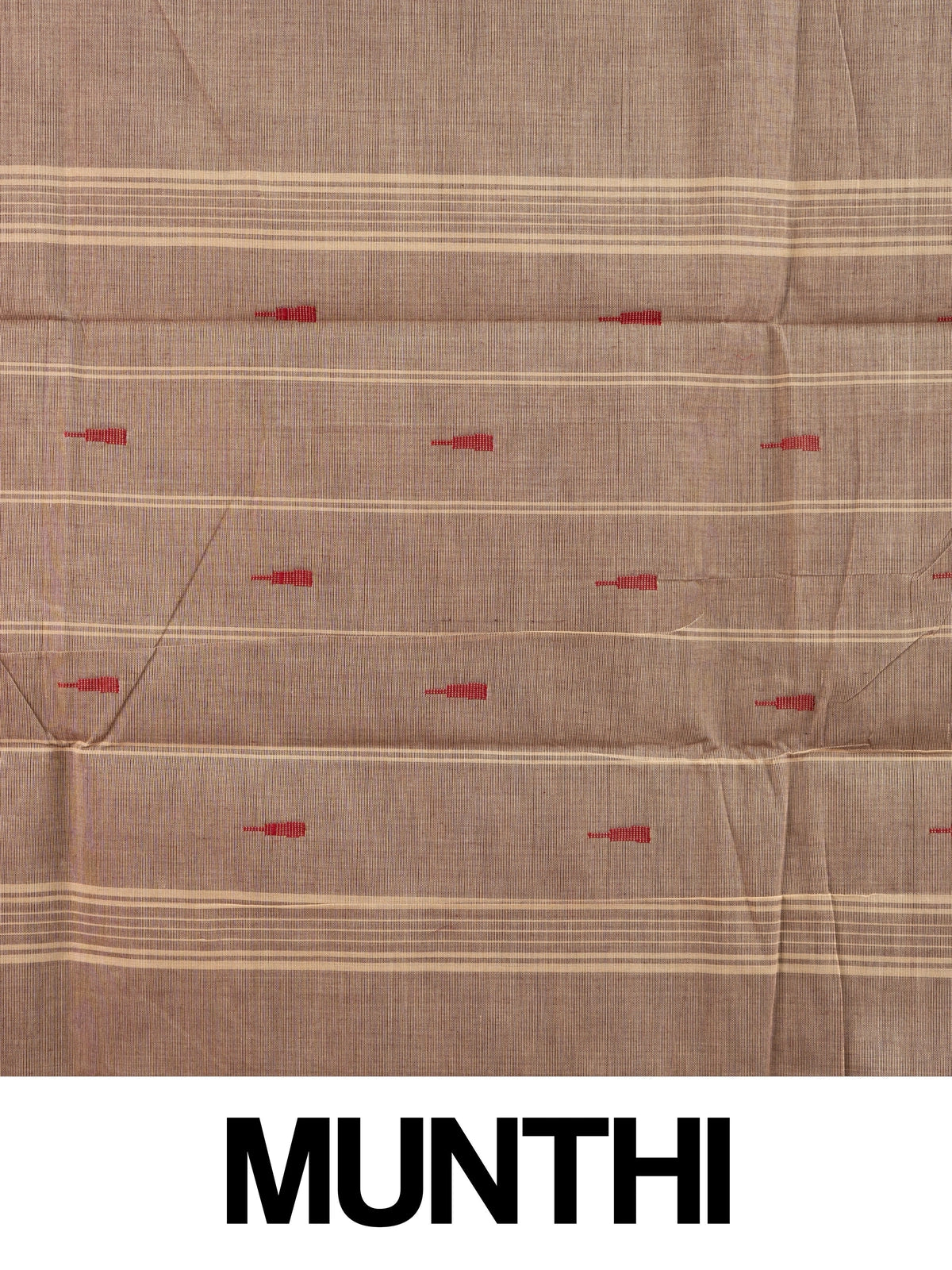 Taupe-grey Chettinad cotton saree with maroon and gold zari contrast border and red butta motifs