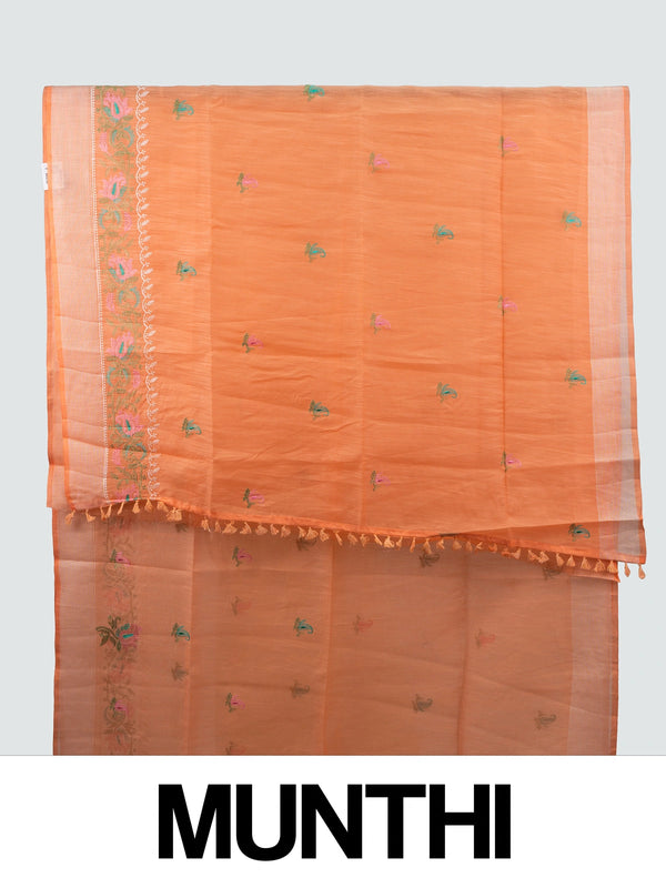 Orange linen cotton saree with silver zari border, paisley embroidery and contrast yellow blouse