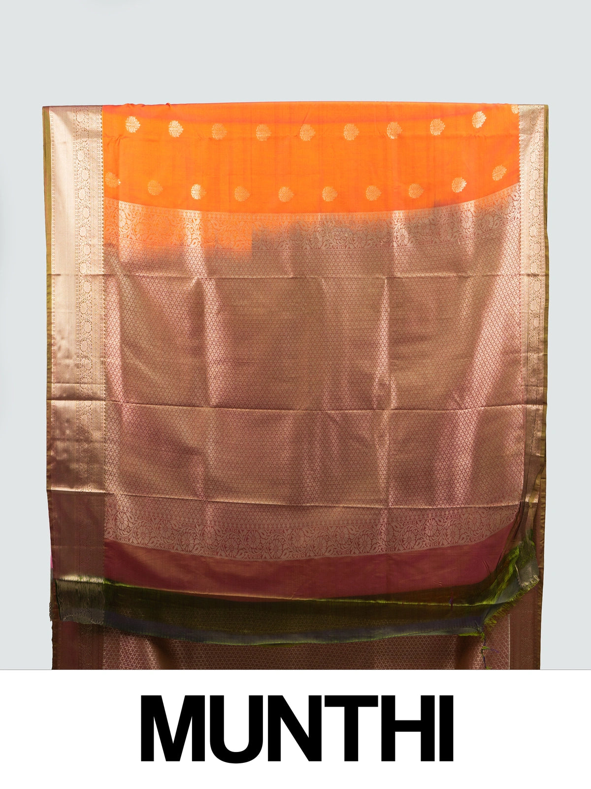 Orange semi silk saree with gold zari buta motifs and contrast copper-gold zari border and pallu