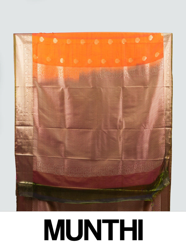 Orange semi silk saree with gold zari buta motifs and contrast copper-gold zari border and pallu