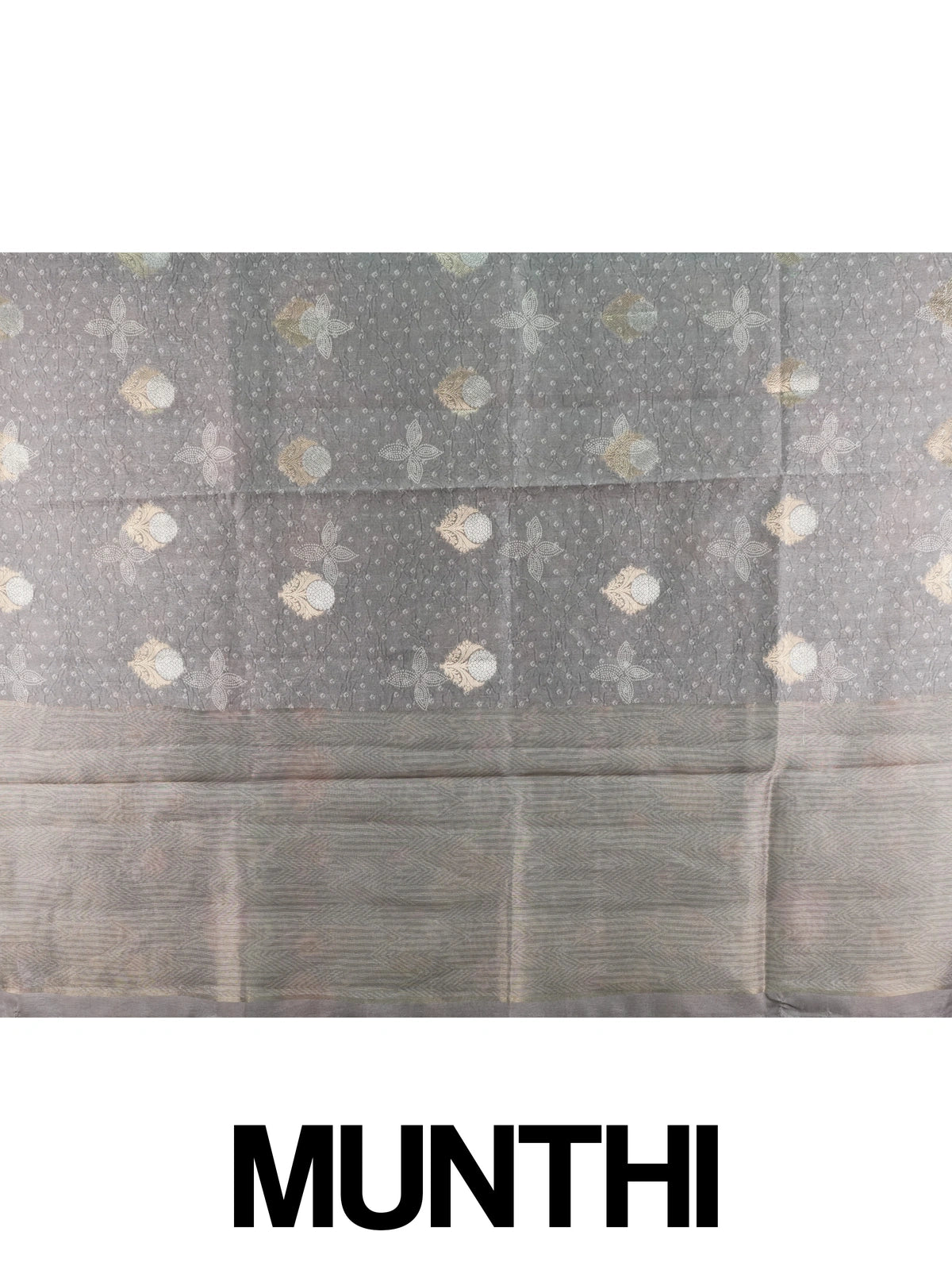 Grey designer saree with gold and silver woven floral buttas and a golden zari tissue border