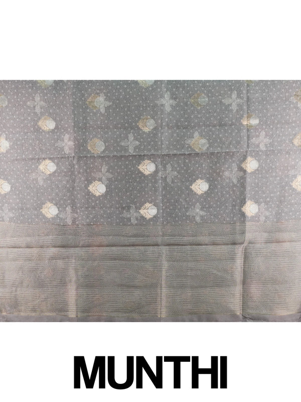 Grey designer saree with gold and silver woven floral buttas and a golden zari tissue border