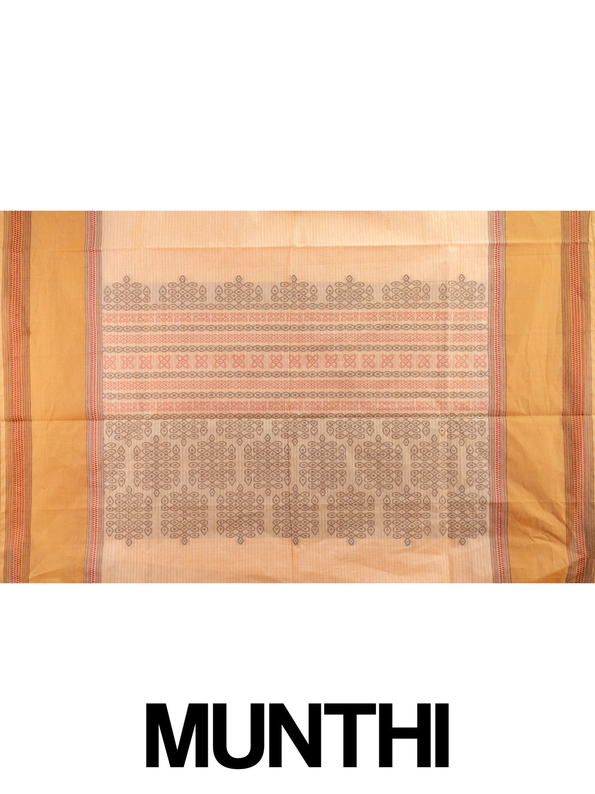 Peach and mustard semi raw silk saree with contrast border and kolam motif pallu